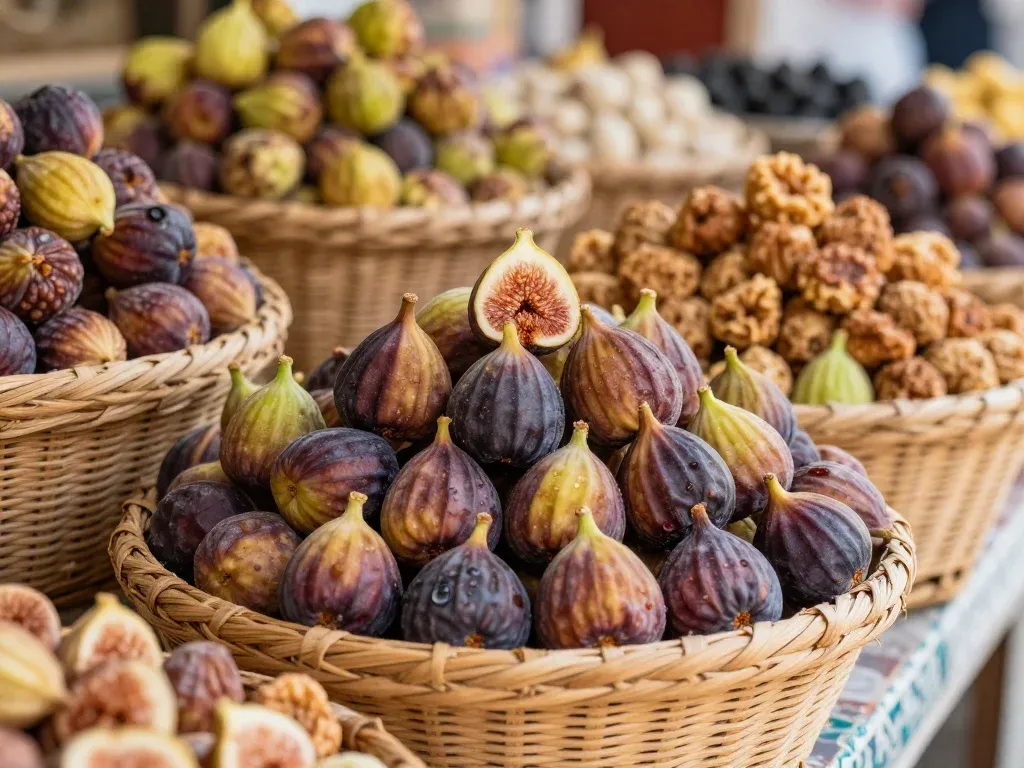 Fresh and dried figs displayed in a local market basket.