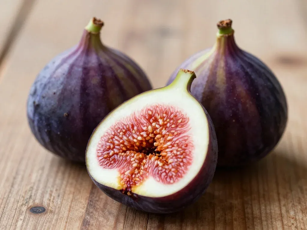 Fresh ripe figs sliced in half showing juicy interior, illustrating figs benefits in Tamil.