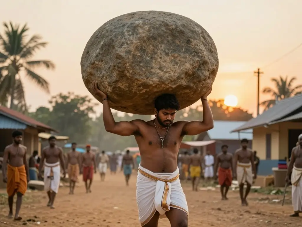 Mappillai Samba Rice Benefits in Tamil: 15+ அதிசய மருத்துவப் பலன்கள் & சமையல் முறை! 2 Traditional Tamil young man lifting Ilavattakkal stone representing Mappillai Samba rice strength