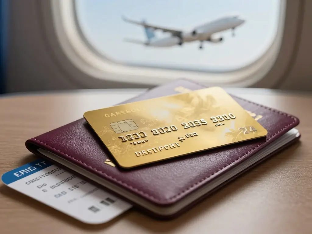 Best Credit Card in UAE for Travel (2026): Top Rewards & Lounge Access 2 Premium credit card over a passport and airplane ticket representing travel benefits in UAE.
