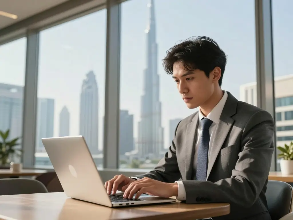 A professional freelancer working on a laptop at a modern cafe with the Dubai skyline in the background.