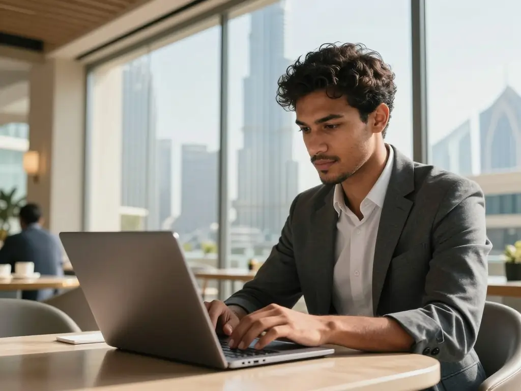 Best Online Bachelor Degree UAE: Complete 2026 Guide 2 A working professional studying for an online bachelor degree in the UAE on a laptop.