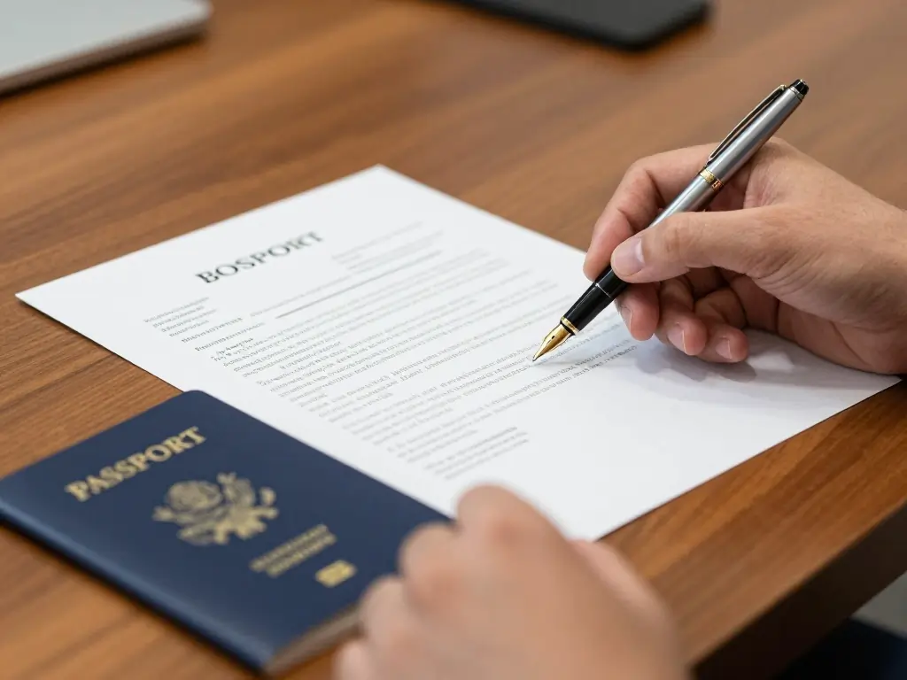 A person carefully reviewing UAE freelance permit documents and a passport on a wooden desk.