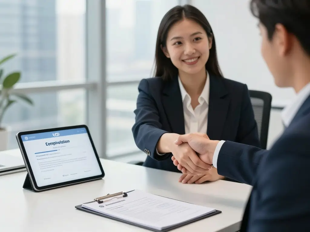 8 Best Free Online Courses in UAE to Boost Your CV in 2026 5 Hiring manager reviewing a digital certificate and CV of a candidate who completed online courses in UAE.