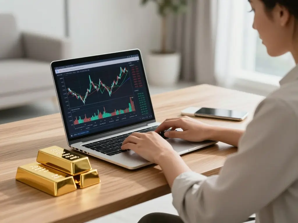 Gold Bar Purchase Online: Avoid These 4 Costly Mistakes 2 A person making a secure gold bar purchase online using a laptop with gold bullion nearby.
