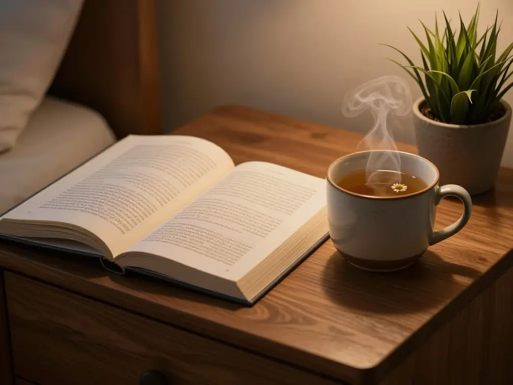 Peaceful Good Night Sleep Well: Best Messages, Quotes & 8 Sleep Tips 5 Relaxing bedtime habits including reading an open book and herbal tea on a nightstand