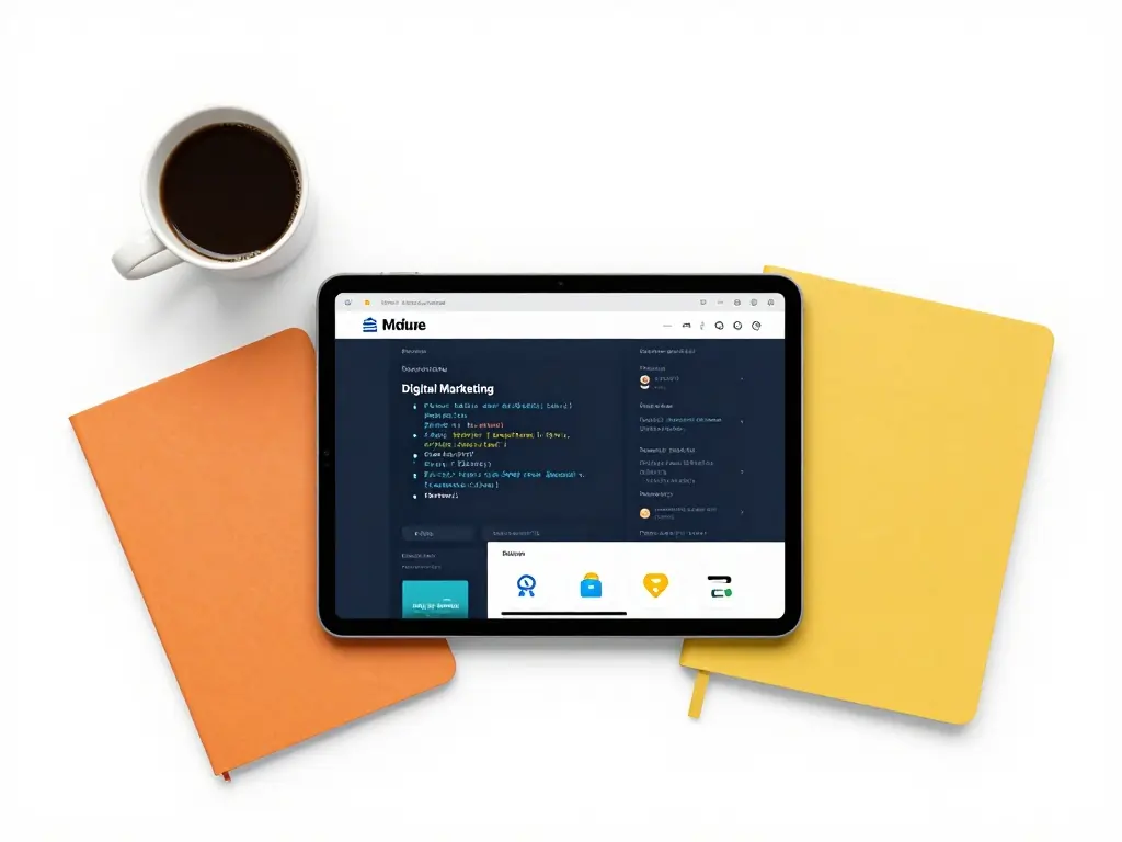 Infographic style flat-lay showing high-demand digital skills like marketing, web development, and design.