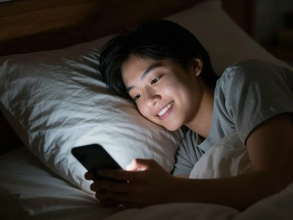 Peaceful Good Night Sleep Well: Best Messages, Quotes & 8 Sleep Tips 3 Person smiling while reading a romantic good night sleep well text message in bed