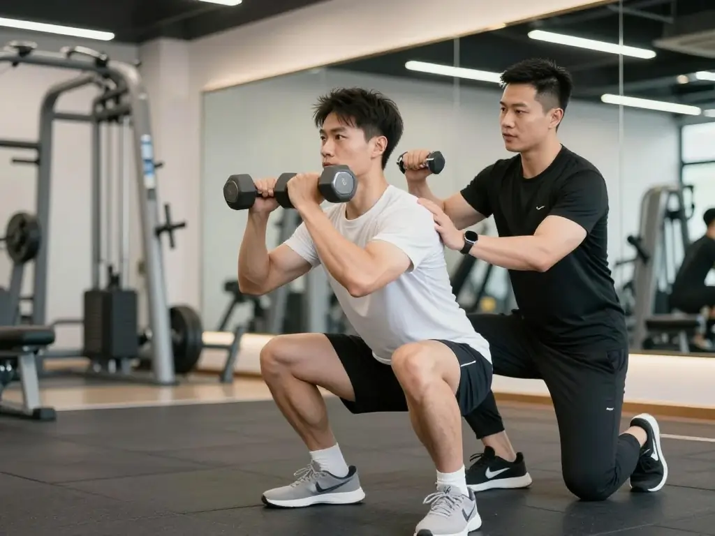 Lose Weight with a Personal Trainer: Smarter, Sustainable Results 3 A trainer checking a client's posture and technique during a dumbbell squat exercise.