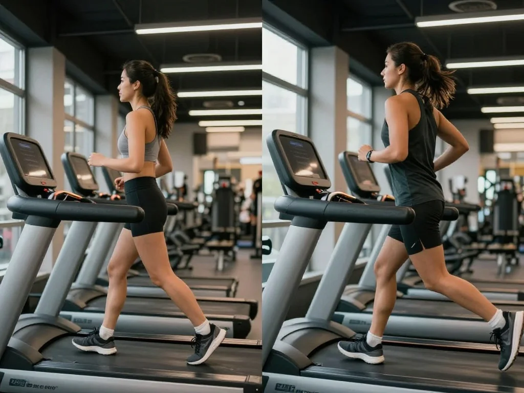 Will Treadmill Reduce Belly Fat? Fast & Proven Methods 6 Split screen comparison of one person brisk walking and another person running on a treadmill.