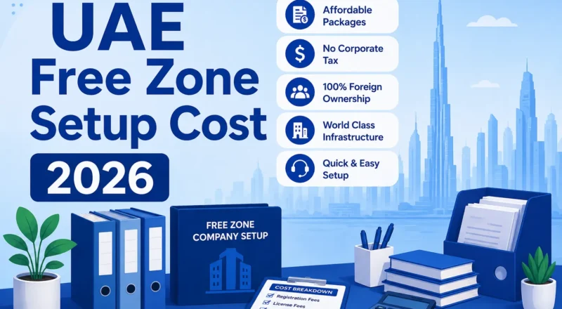 UAE Free Zone Company Setup Cost 2026 illustration showing a modern free zone office setup, business documents, cost breakdown, and corporate workspace.