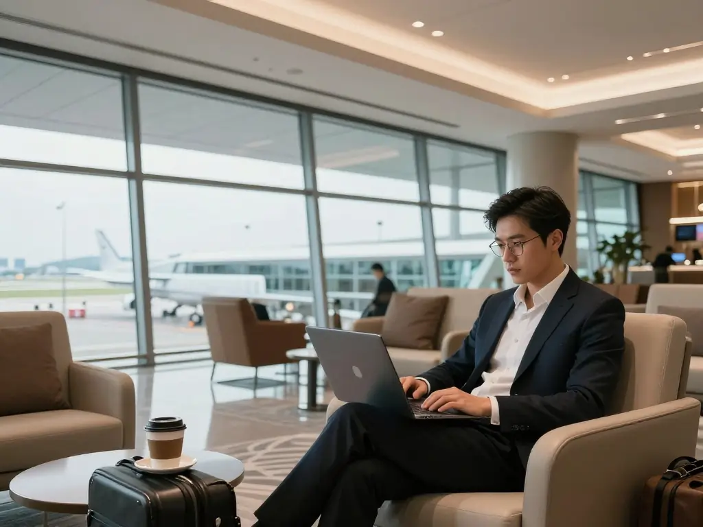 Best Credit Card in UAE for Travel (2026): Top Rewards & Lounge Access 3 Traveler enjoying luxury airport lounge access with a travel credit card.
