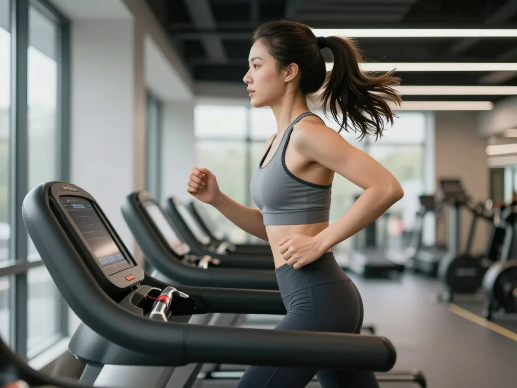 Will Treadmill Reduce Belly Fat? Fast & Proven Methods 2 A fit woman running on a treadmill in a modern gym to reduce belly fat and lose weight.