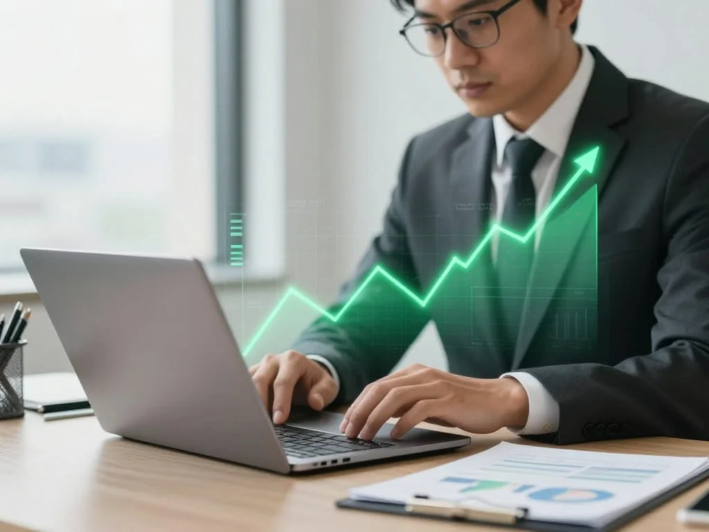 Car Loan for Self Employed in UAE: Requirements & Tips 3 A UAE bank loan officer reviewing a self-employed applicant's financial documents and business performance on a laptop.