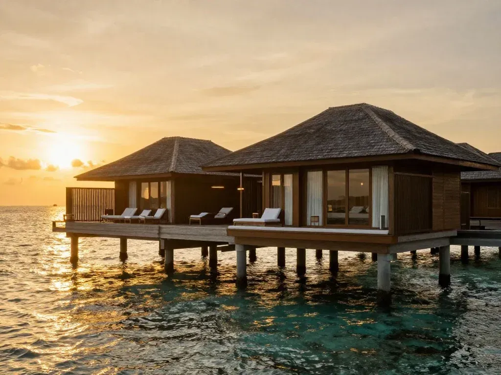 7 Elite Luxury Travel Destinations 2 Overwater villa in a luxury travel destination at sunset.