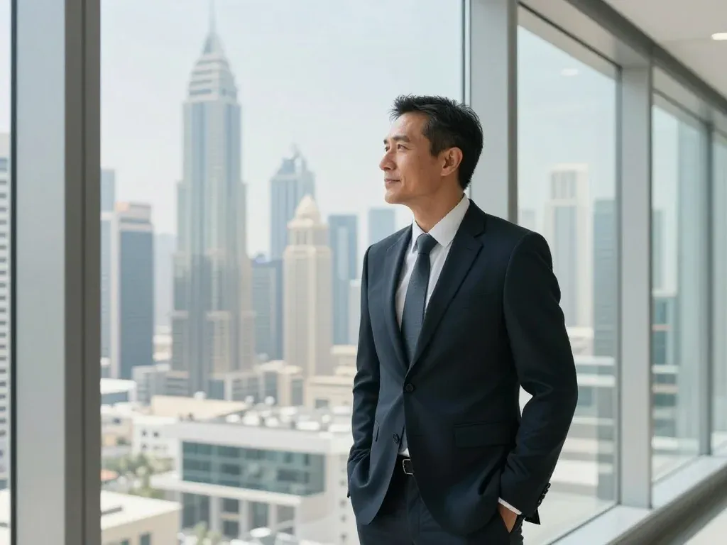 Best Retirement Plan in UAE: A Complete 2026 Guide 2 A professional looking at the Dubai skyline, thinking about a secure retirement plan in UAE.