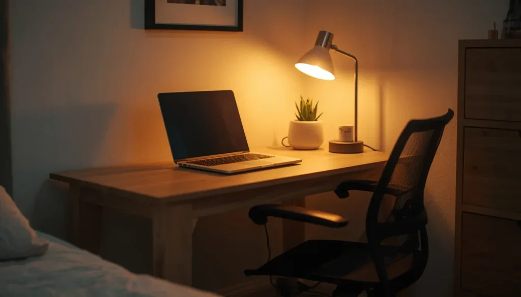 Simple budget-friendly home office setup featuring essential affordable office tools and cozy lighting