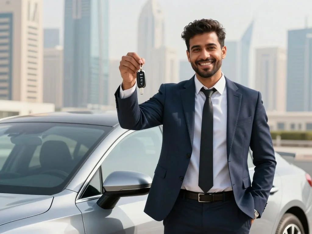 Car Loan for Self Employed in UAE: Requirements & Tips 2 A happy self-employed entrepreneur in the UAE holding car keys next to a new vehicle, representing a successful car loan approval.