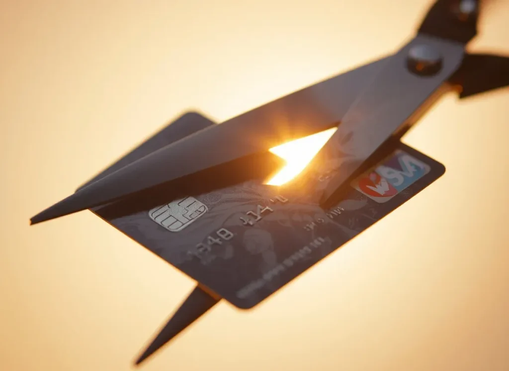 Cutting a credit card in half to eliminate high-interest debt.