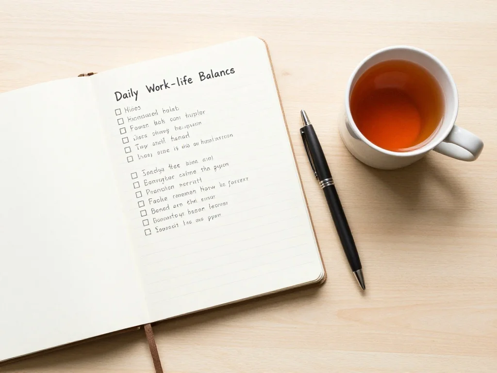 15 Real-Life Examples of Work Life Balance (And How to Build Yours) 5 A handwritten journal page listing daily self-care and work-life balance habits beside a cup of tea.