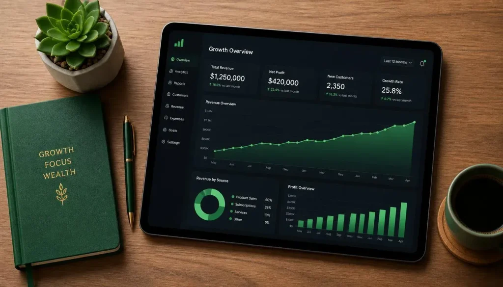 Analytics and growth charts showing digital marketing success.