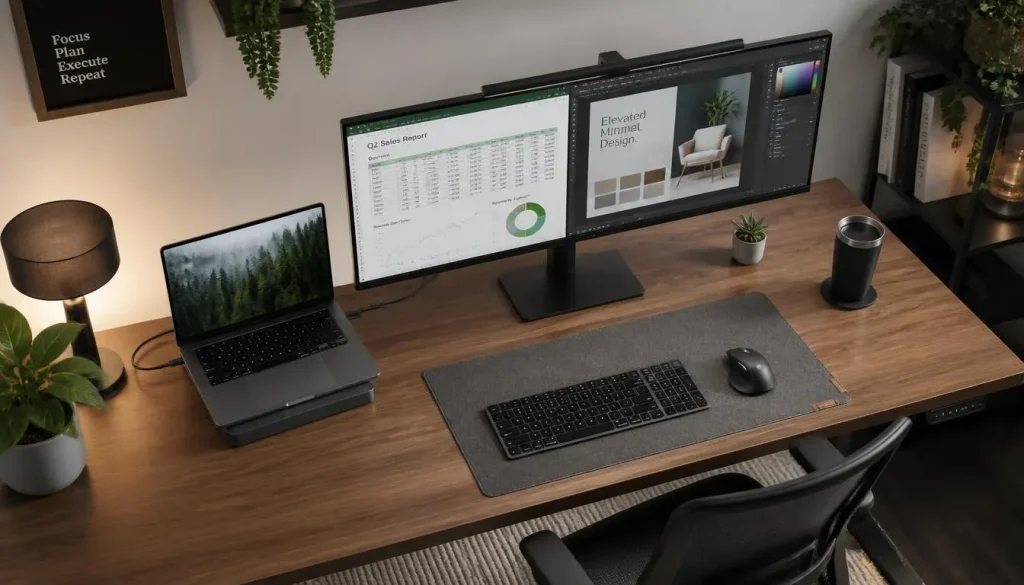 A productive home office setup with a laptop connected to a wide external monitor, wireless keyboard, and mouse