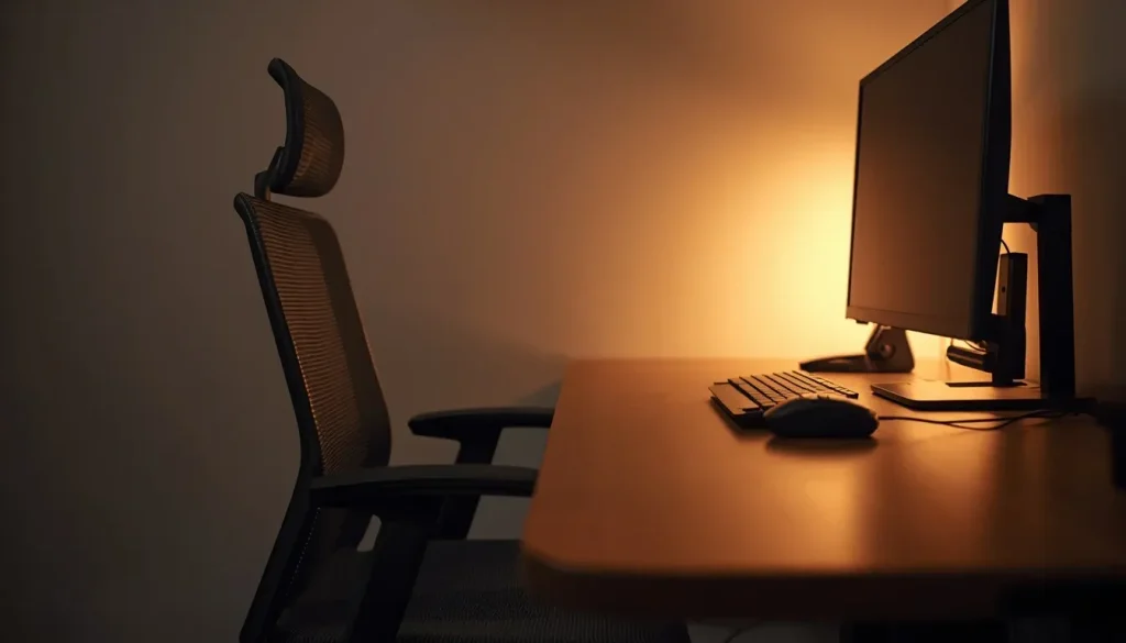 Proper ergonomic posture set up at a home office desk with an adjustable ergonomic chair and eye-level monitor