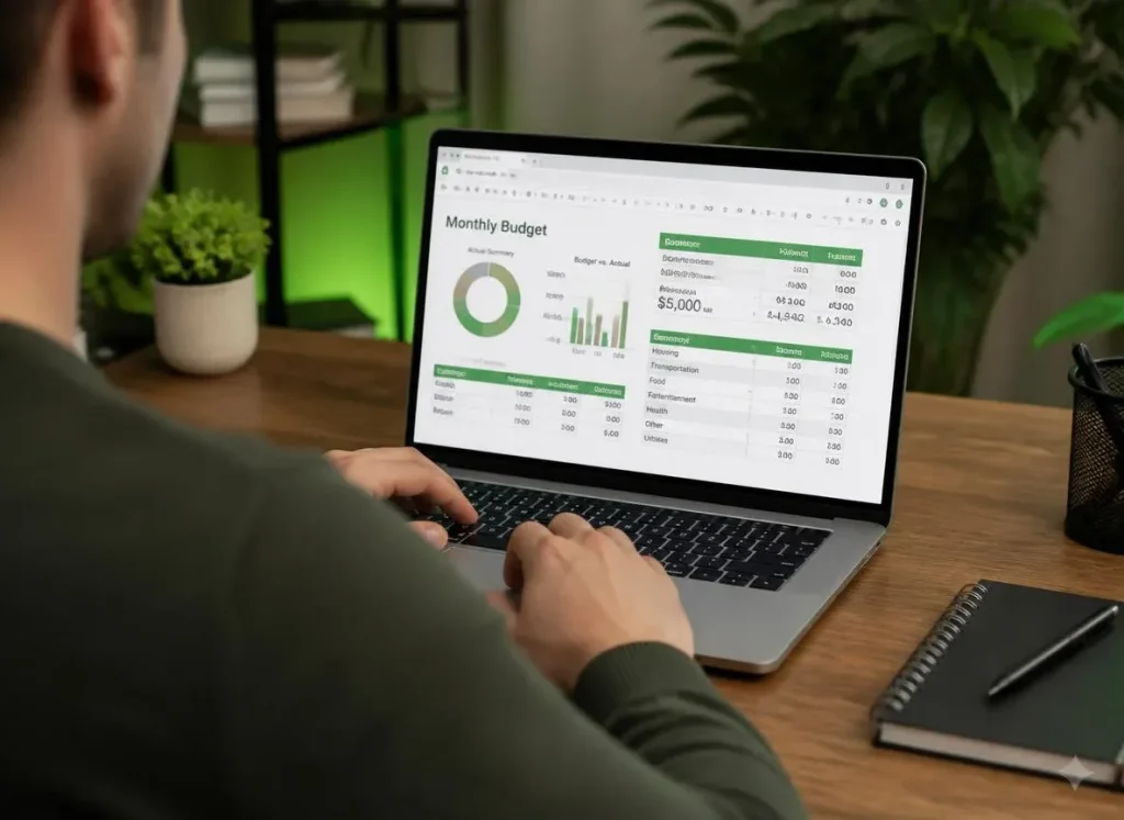 A person reviewing their finances to build a flexible budgeting system