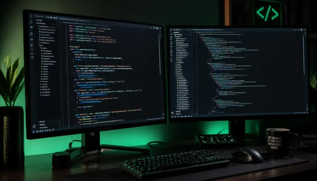 Code on a monitor for a freelance software development side hustle.