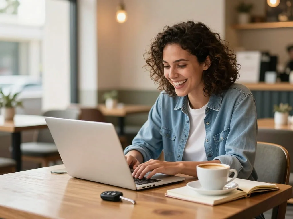 Car Loan for Self Employed in UAE: Requirements & Tips 5 A focused freelancer working on a laptop in a Dubai cafe, organizing invoices to apply for a car loan in the UAE.