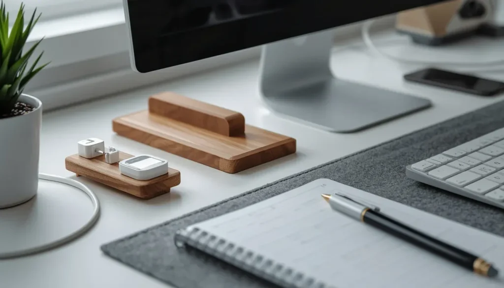 Clean organized desk setup using cable management clips, drawer organizers, and a monitor stand
