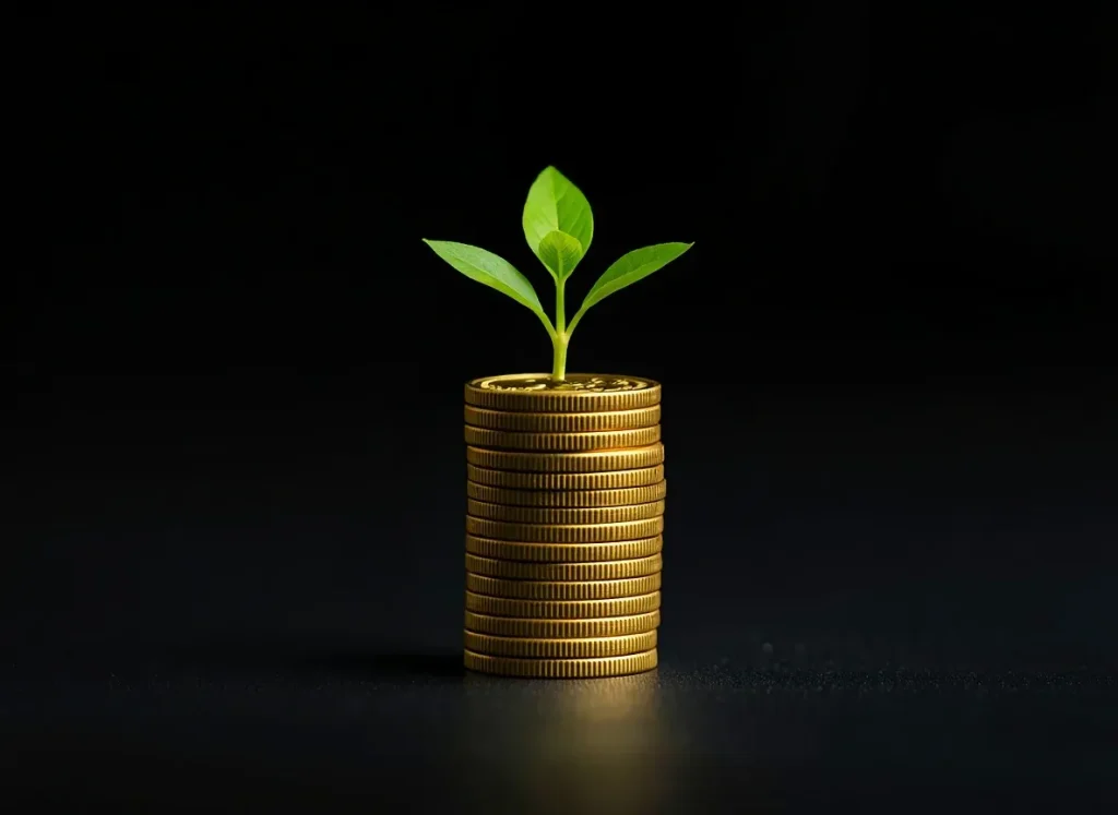 A small green plant growing from coins, representing long-term wealth building
