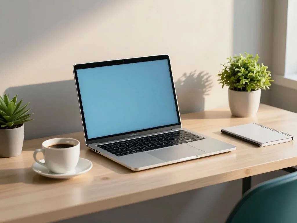 Mental Wellness Tips for Employees: 10 Ways to Feel Better at Work 2 An employee taking a mindful moment at their modern desk with a warm cup of coffee and a laptop