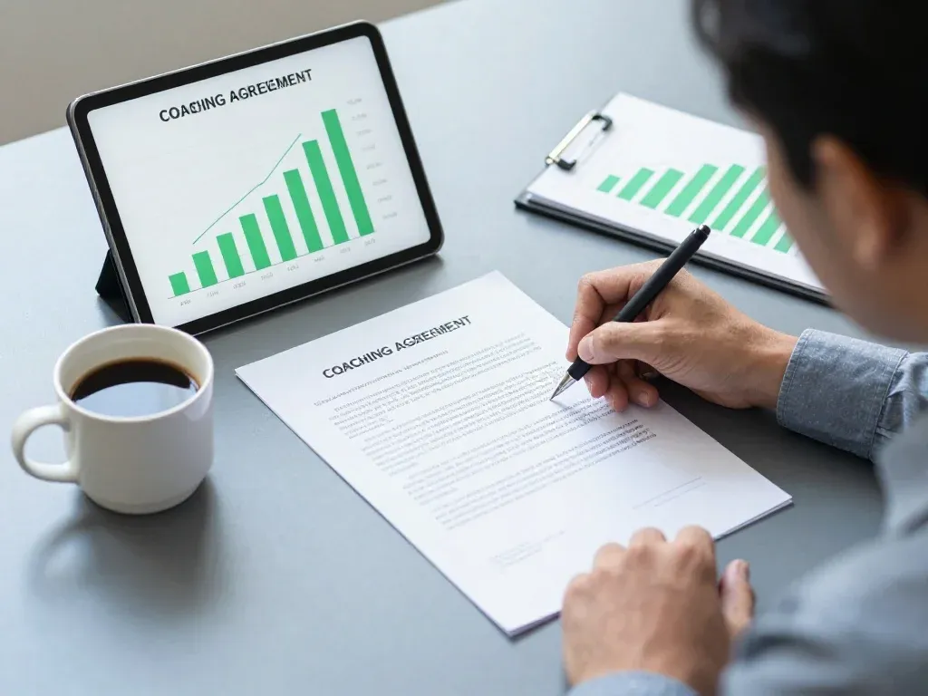 What Is a Personal Development Coach? Achieving Your Goals 5 A professional setting a coaching agreement on a desk next to a laptop.