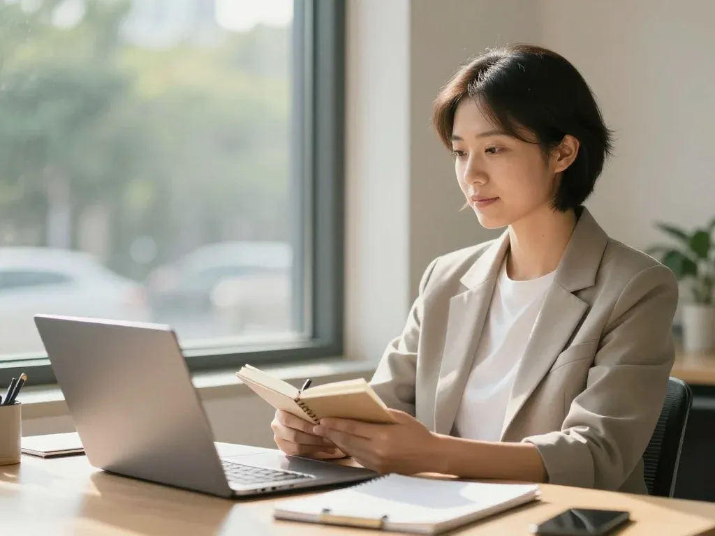 Mental Wellness Tips for Employees: 10 Ways to Feel Better at Work 3 Remote professional taking a structured break near a sunlit window away from a laptop workspace.