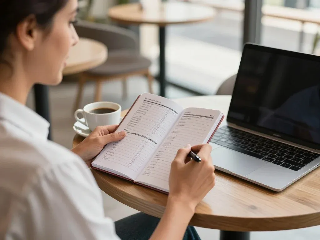 Best Retirement Plan in UAE: A Complete 2026 Guide 5 An expat checking off items on a financial retirement planning checklist in a UAE cafe.