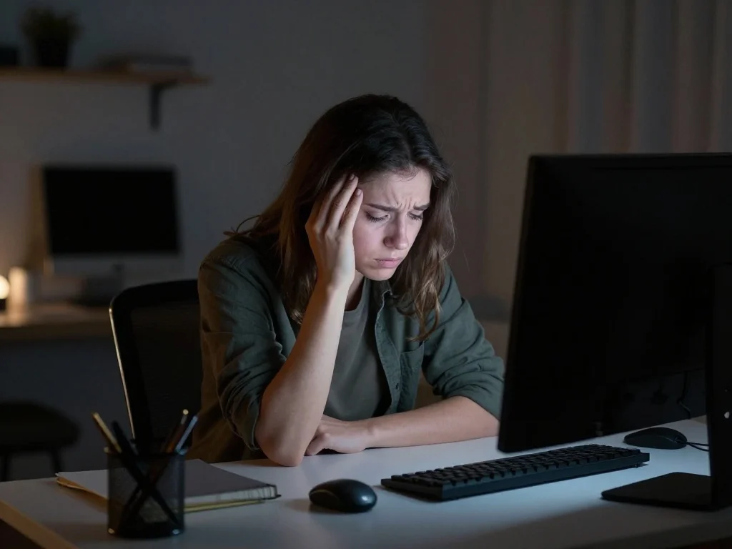 15 Real-Life Examples of Work Life Balance (And How to Build Yours) 4 A fatigued remote worker sitting late at night in front of a brightly glowing computer screen.