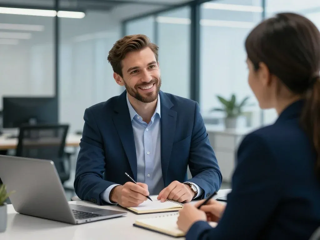 What Is a Personal Development Coach? Achieving Your Goals 2 A personal development coach helping a client outline their growth goals in a modern office