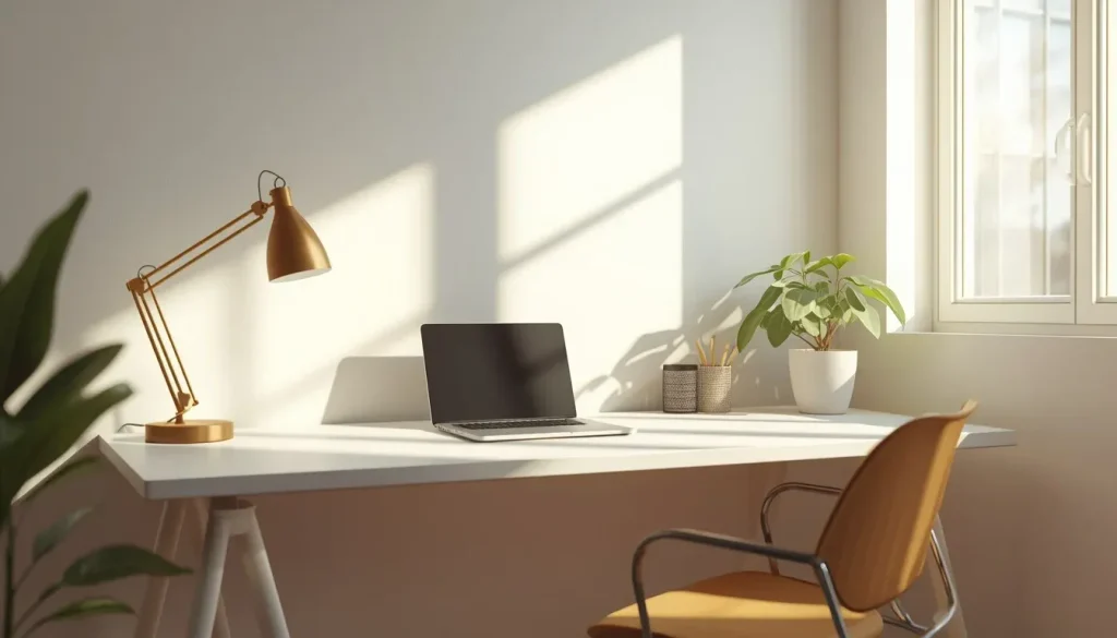 Modern and organized home office desk featuring work from home essentials like a laptop, ergonomic chair, and desk lamp