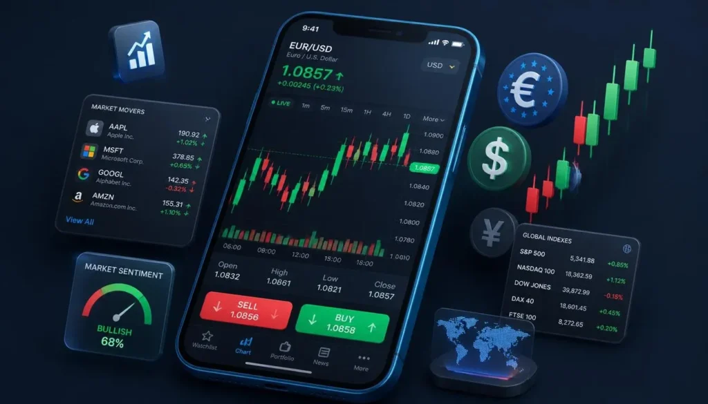 Online trading concept displaying financial stock charts and trading app interface on a mobile phone
