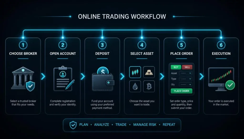Infographic showing the 6-step online trading process from choosing a broker to order execution