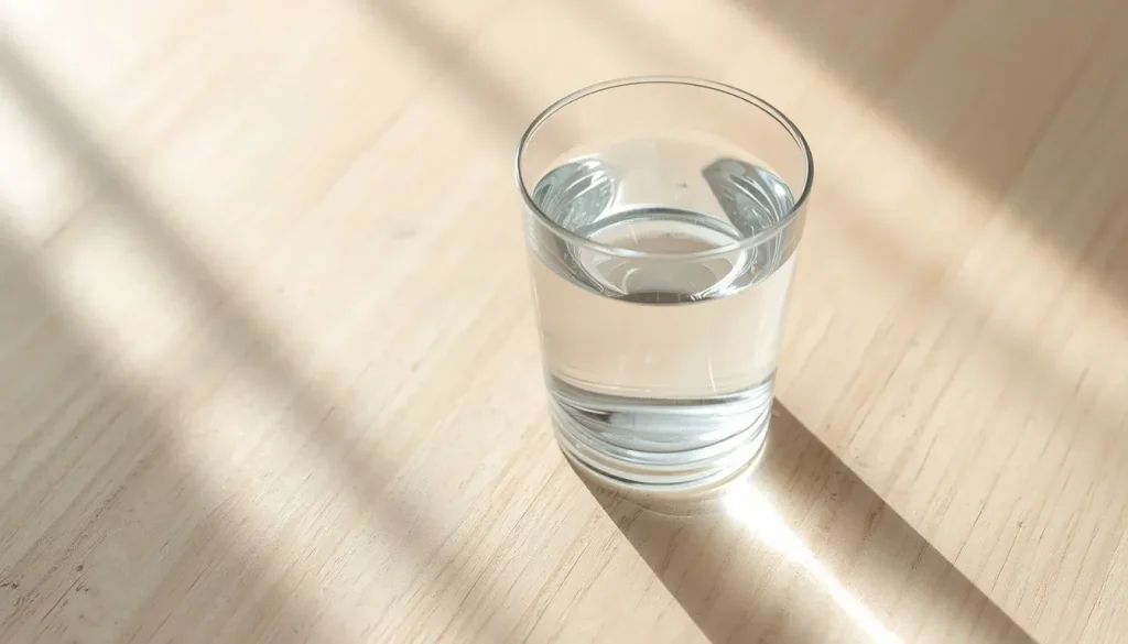 A fresh glass of water on a bedside table for essential morning hydration.