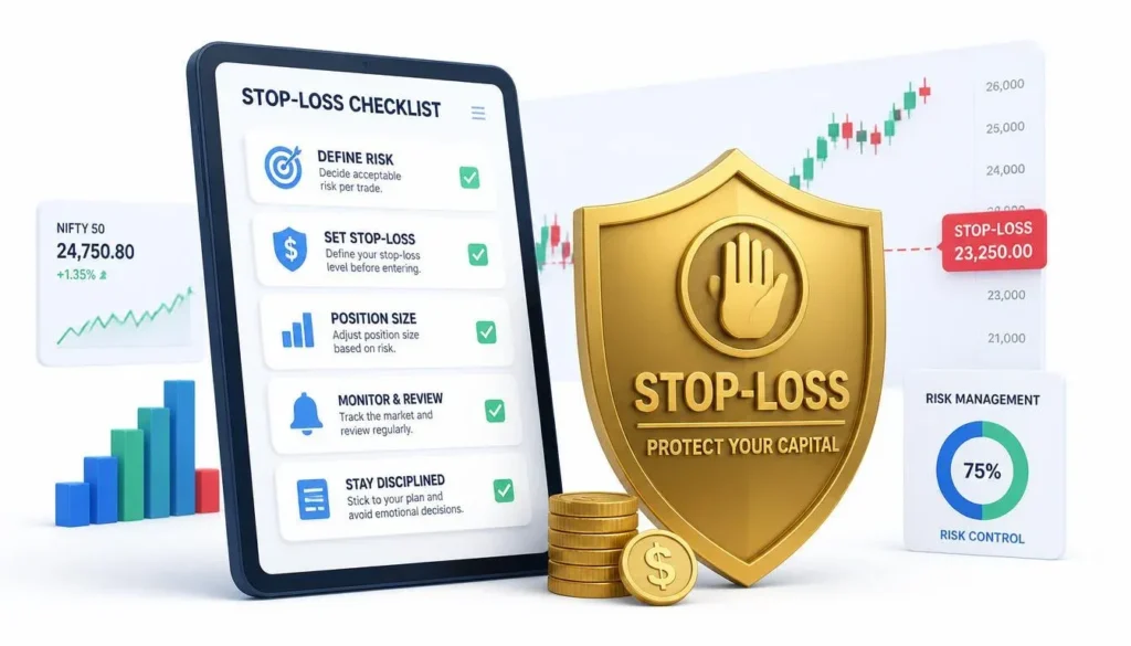 Online trading risk management checklist icon illustration with stop-loss shield