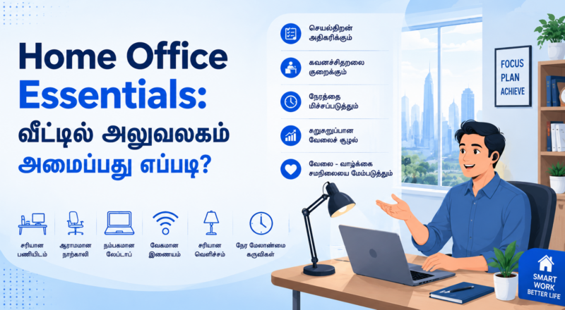 Home Office Essentials - சிறப்பான Home Office அமைக்க தேவையான பொருட்கள், ergonomic chair, desk, monitor, Wi-Fi, lighting, security மற்றும் budget tips பற்றி தெரிந்துகொள்ளுங்கள்.