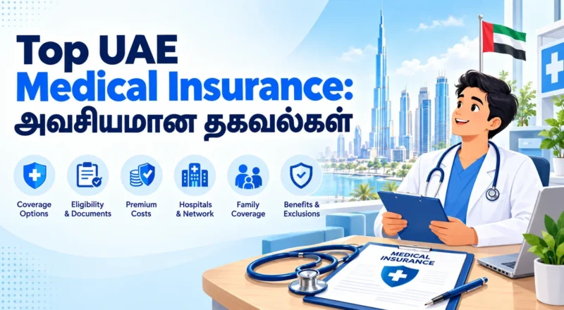 UAE-வில் Top UAE medical insurance தேர்வு செய்வது எப்படி? துபாய், அபுதாபி விதிகள், பிரீமியம், கோ-பேமெண்ட் & நெட்வொர்க் தகவல்களை அறிய இந்த வழிகாட்டியைப் படியுங்கள்.