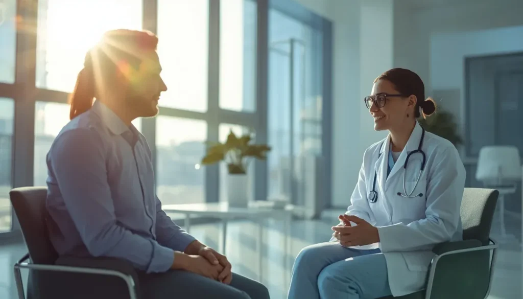 Best Health Insurance in UAE for Families, Expats & Visitors 2 Patient consulting a doctor in a modern Dubai medical facility representing health insurance coverage in the UAE.
