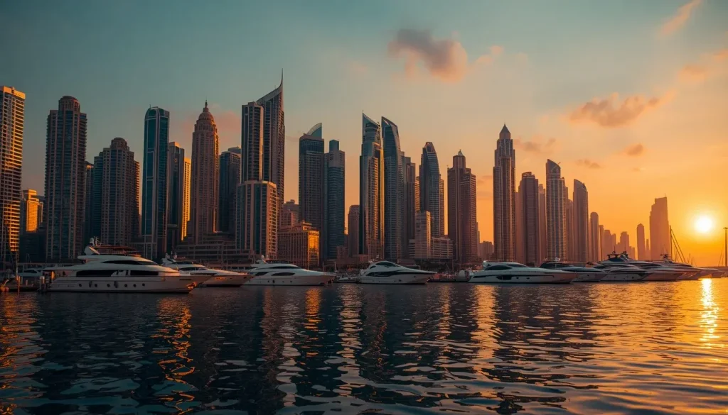 High-rise residential apartment buildings in Dubai Marina generating real estate rental income.
