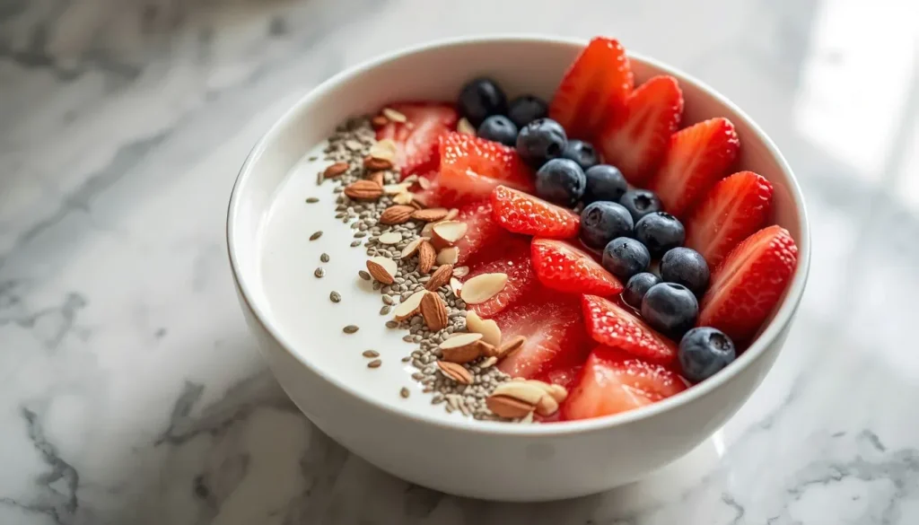 A nutritious breakfast bowl featuring whole grains, fresh berries, and yogurt.