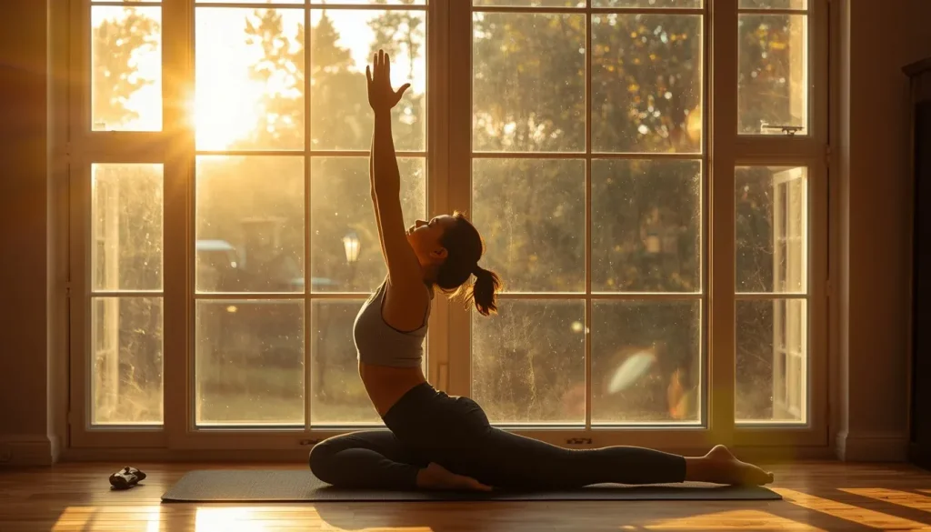 Person doing light morning stretches in natural sunlight near a window.