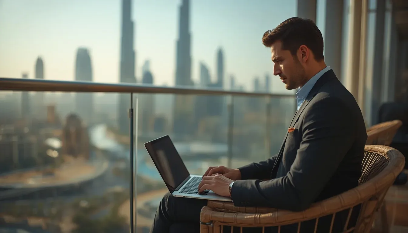 A professional working on a laptop with the Dubai skyline in the background, researching passive income ideas in Dubai.